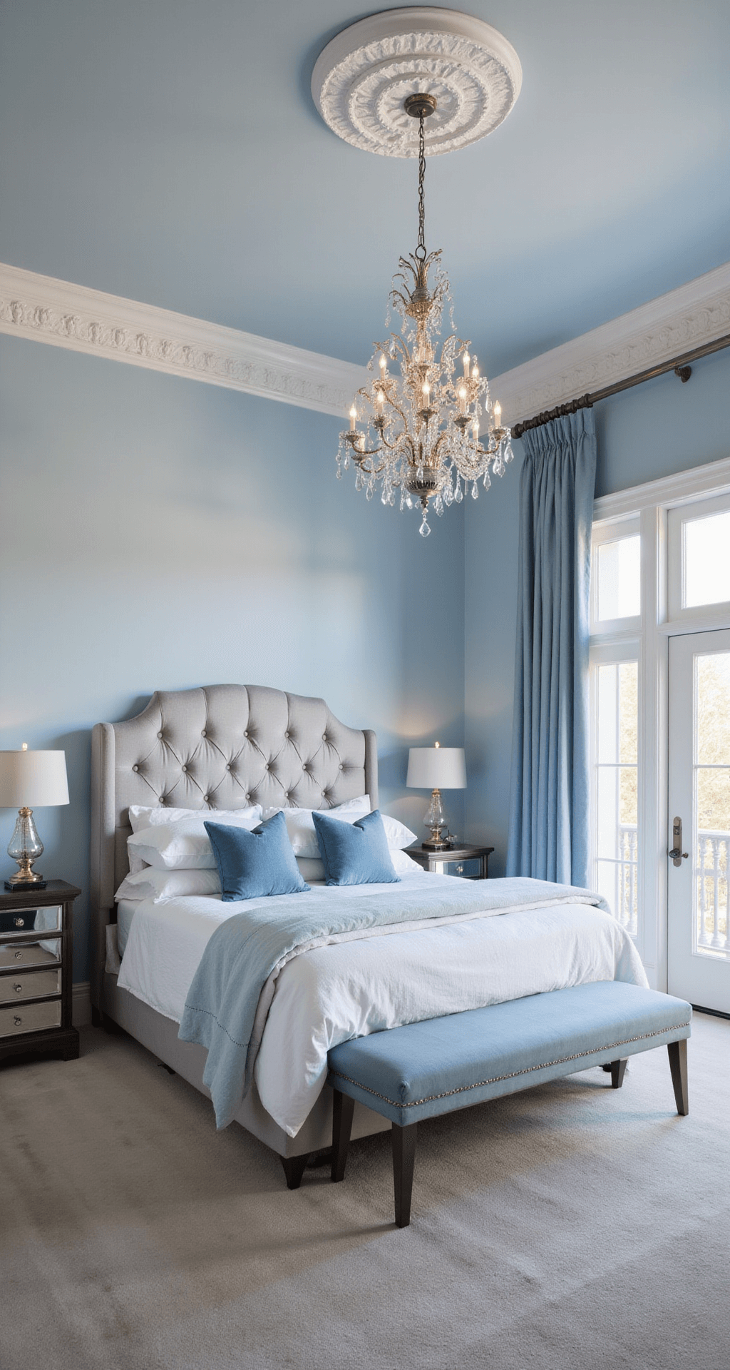 Creating Your Perfect Sanctuary Bedroom: A Comprehensive Guide to Restful Retreat Design A spacious primary bedroom with pale blue walls and white trim, featuring a tufted silver-gray velvet headboard, layered white and blue bedding, mirrored nightstands, and a crystal chandelier, all illuminated by soft morning light during twilight.