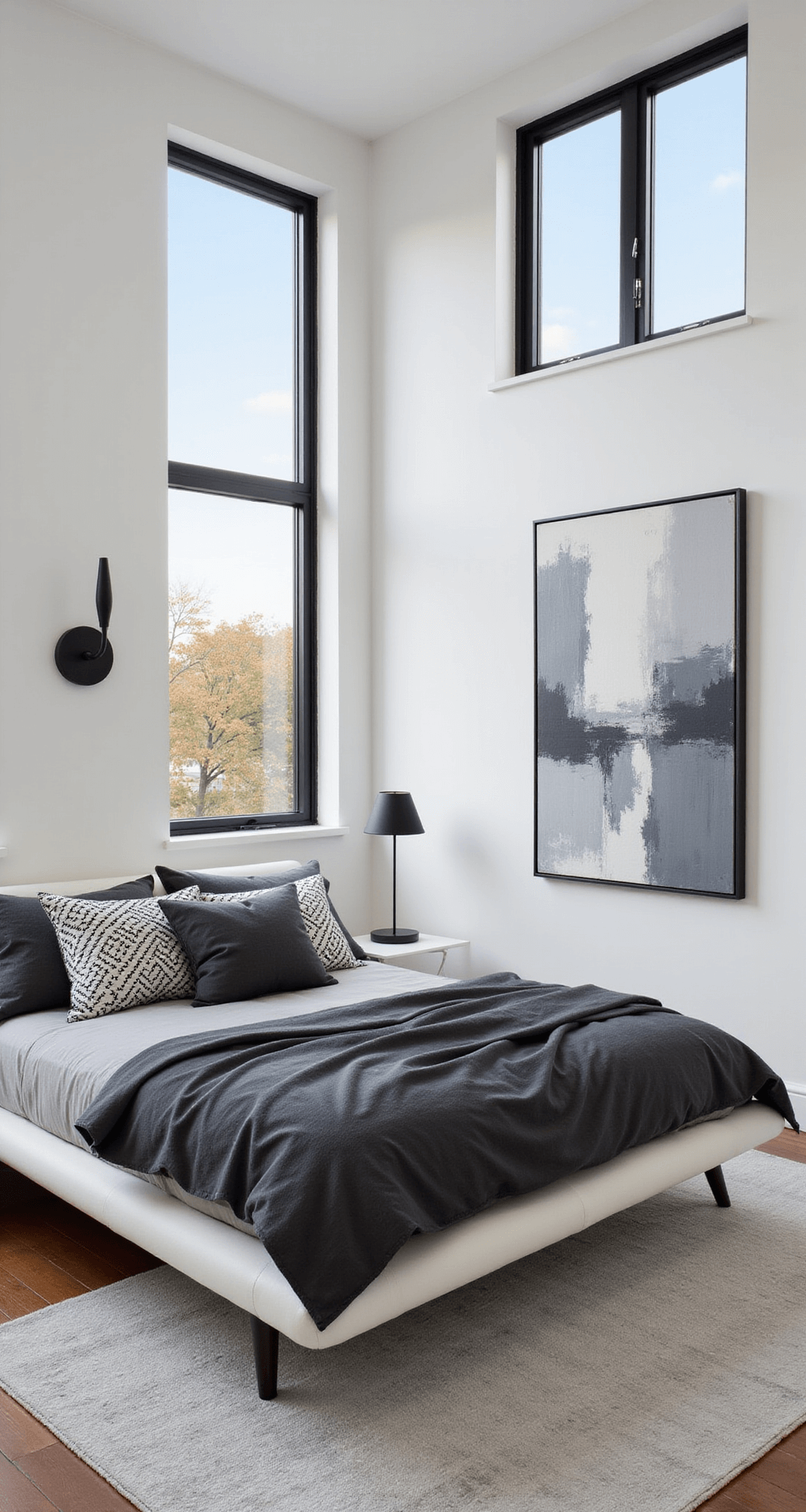 Creating Your Perfect Sanctuary Bedroom: A Comprehensive Guide to Restful Retreat Design A bright, modern bedroom featuring clean white walls and black metal window frames, with a platform bed dressed in charcoal linen and geometric throw pillows, complemented by minimalist black sconces and a large abstract canvas in grays and whites, photographed from a high corner angle.