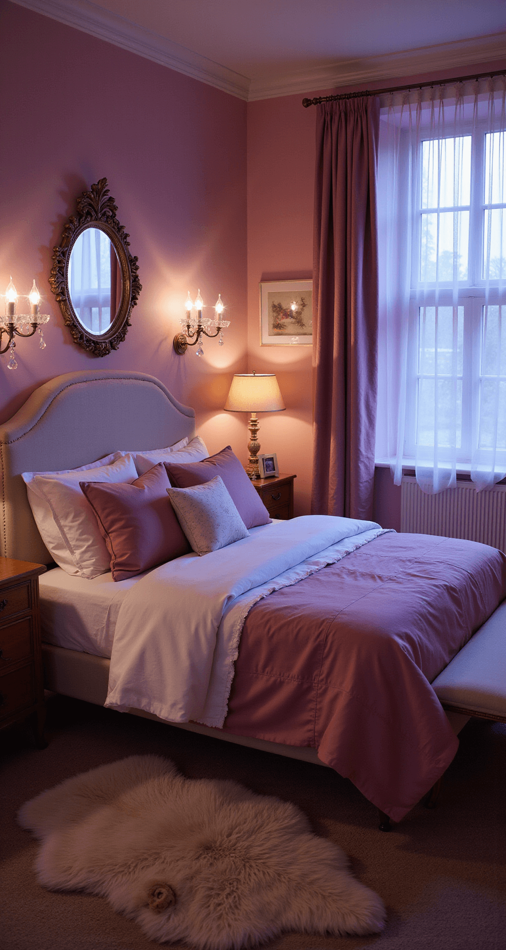 Creating Your Perfect Sanctuary Bedroom: A Comprehensive Guide to Restful Retreat Design Romantic bedroom at twilight with blush pink walls, a queen bed dressed in white, pink, and mauve bedding, vintage crystal sconces, an ornate mirror, a sheepskin rug, and sheer curtains filtering evening light.