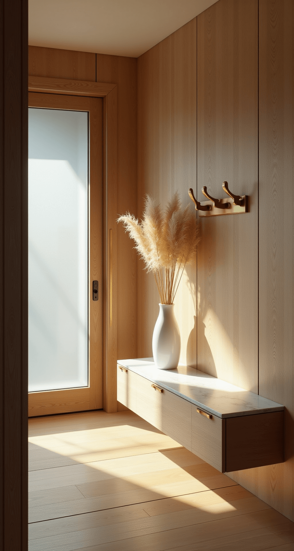 Small Entryway Ideas: Transforming Tiny Spaces into Stunning Welcomes Modern entryway with vertical white oak panels and frosted glass door, featuring a brass coat hook, floating marble console, and pampas grass in a vase, illuminated by warm afternoon sunlight.