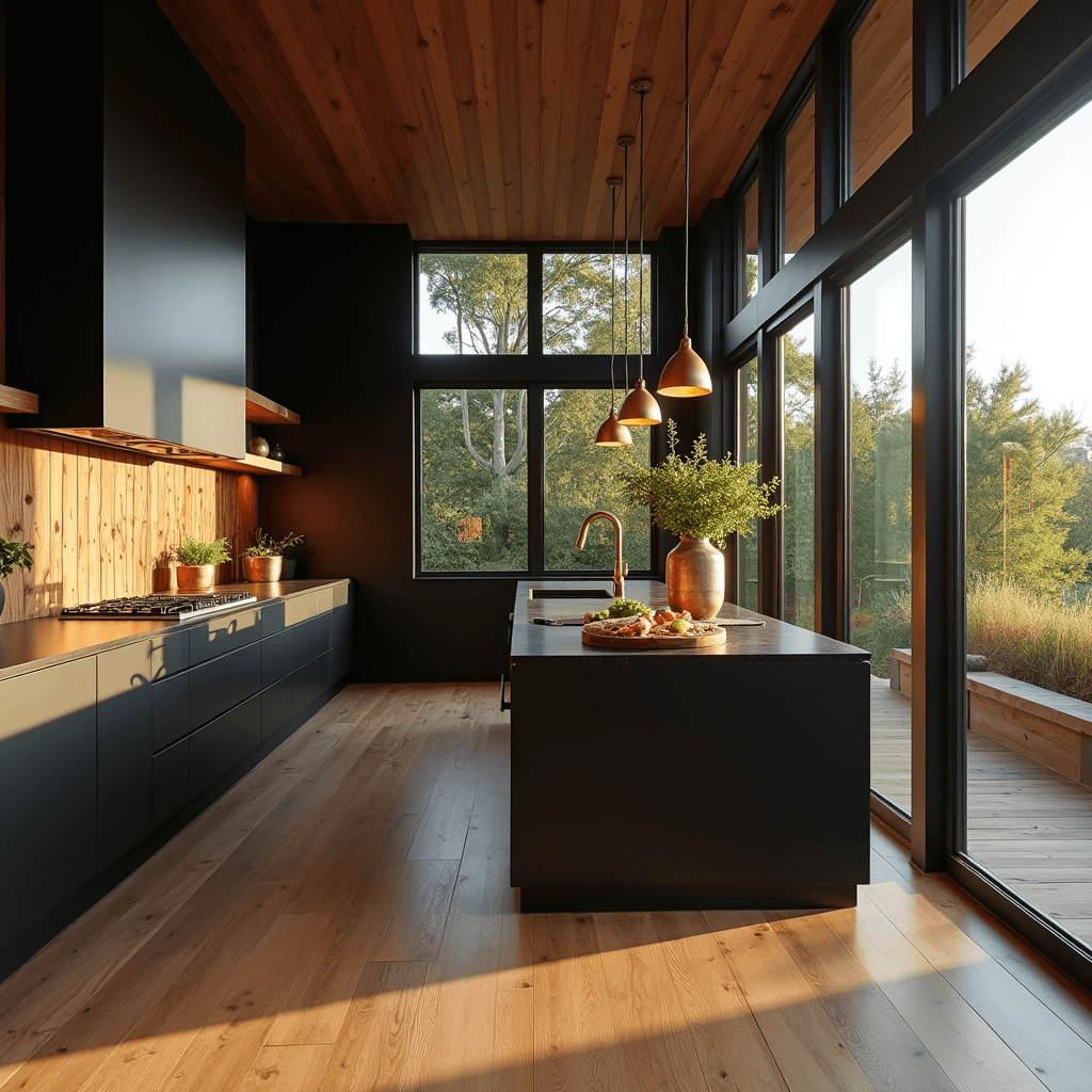 Black and Wood Kitchens: A Sophisticated Design Fusion A dramatic L-shaped kitchen with matte black cabinets, a walnut wood island, and floor-to-ceiling windows, bathed in golden hour light, showcasing a charcuterie board and artisanal ceramics.