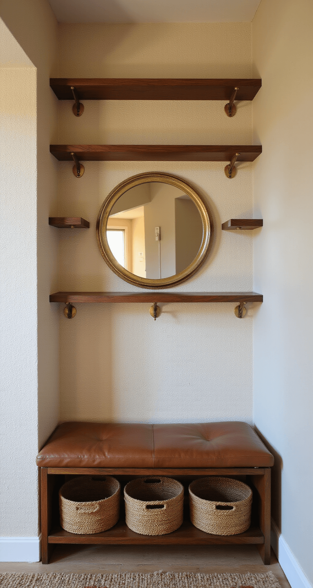 Small Entryway Ideas: Transforming Tiny Spaces into Stunning Welcomes An intimate entryway featuring floating walnut shelves against cream grasscloth wallpaper, vintage brass hooks, and a round brass mirror, with a slim leather bench and woven storage baskets, all captured during golden hour in soft lighting.