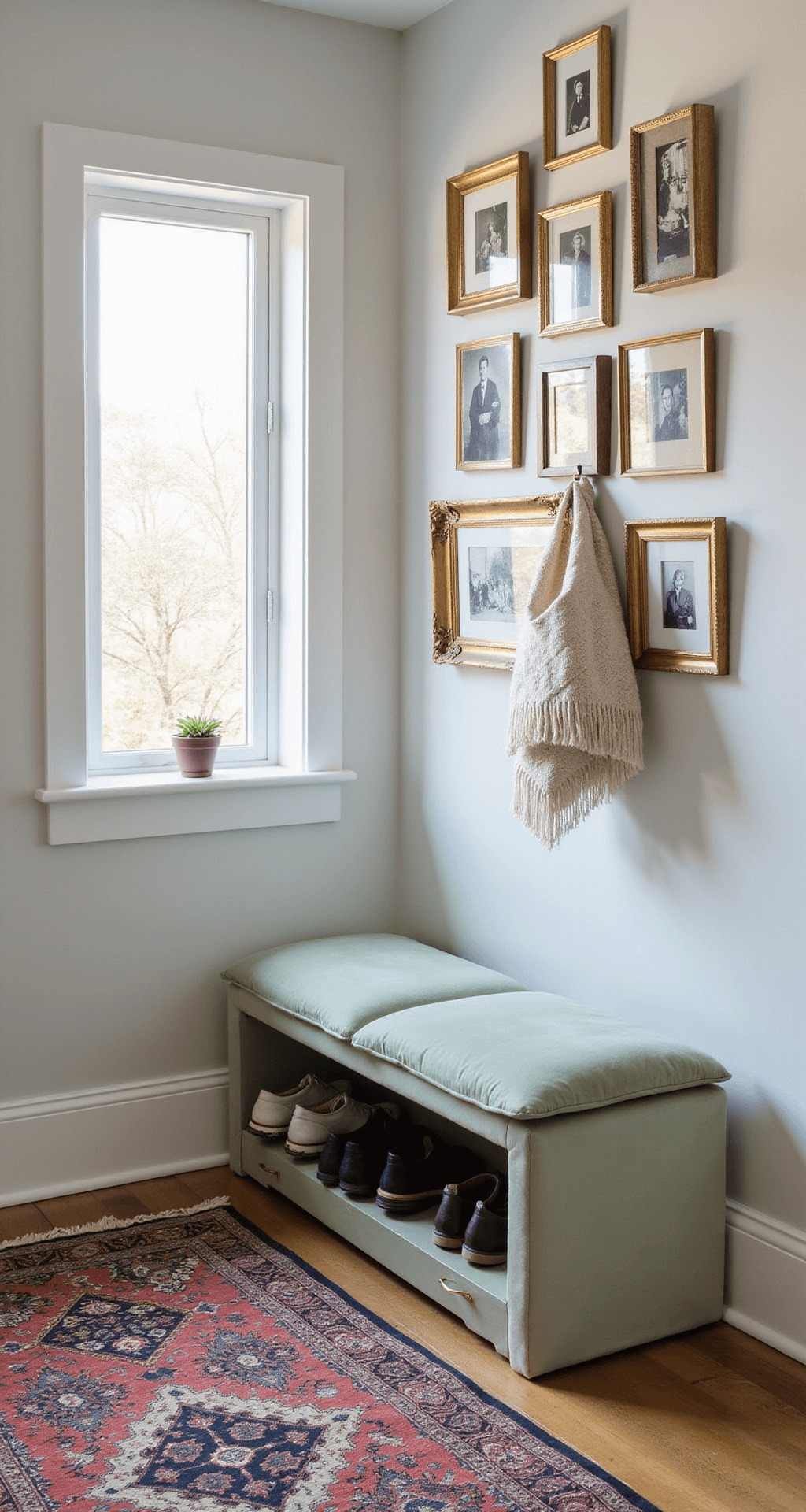 Small Entryway Ideas: Transforming Tiny Spaces into Stunning Welcomes Aerial view of a stylish 4x6ft entry space featuring a sage green velvet storage bench with brass hardware, illuminated by morning light. A vintage Persian runner with a geometric pattern lies on the floor, while a gallery wall of black and white photographs in gold frames adds interest above the bench.