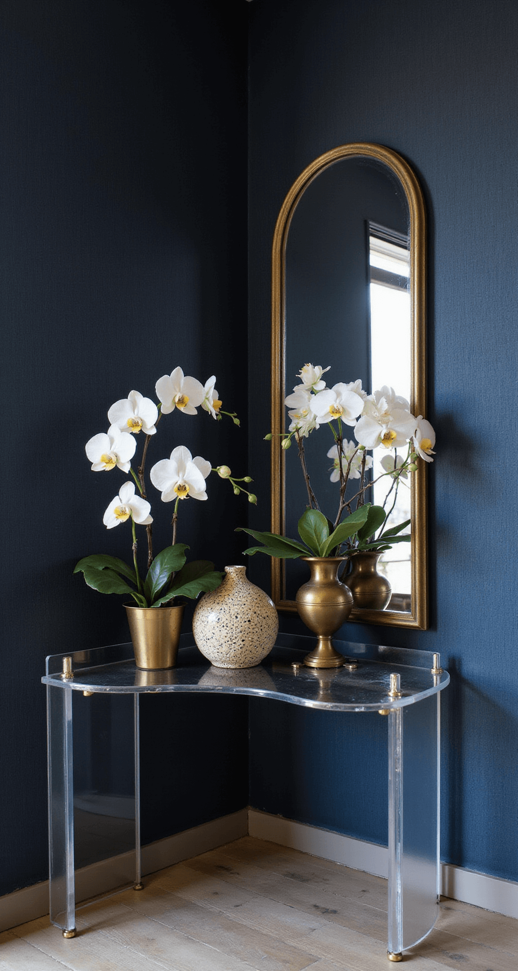 Small Entryway Ideas: Transforming Tiny Spaces into Stunning Welcomes A 5x5ft foyer during blue hour, featuring a large arched mirror with an aged brass frame, dark navy grasscloth wallpaper, a slim floating acrylic console table adorned with white orchids and vintage brass objects, illuminated by artificial lighting that enhances shadows and reflections.