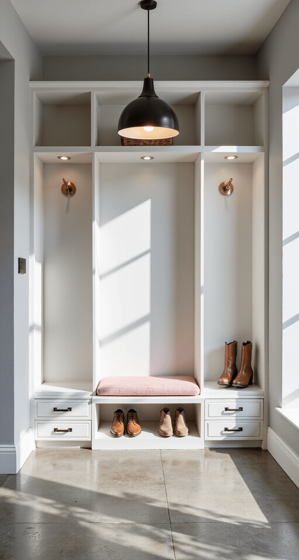 Small Entryway Ideas: Transforming Tiny Spaces into Stunning Welcomes A contemporary entryway featuring floor-to-ceiling matte white built-in storage with LED lighting, a blush pink bouclé bench seat, hidden shoe drawers, and a geometric cement tile floor, illuminated by morning light and an overhead pendant.