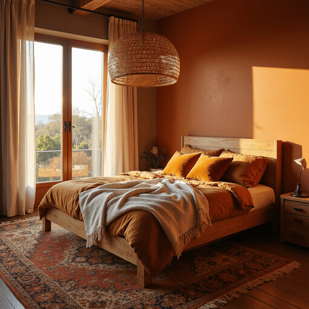 Warm Bedroom Ideas: Crafting Your Ultimate Cozy Retreat A cozy bedroom with terracotta walls, featuring a large wooden platform bed adorned with ochre linens, chunky ivory knit throws, and burnt sienna velvet pillows, illuminated by warm golden hour light streaming through sheer curtains. A vintage Persian rug anchors the space, while a rattan pendant lamp casts inviting shadows, creating an intimate and serene atmosphere.