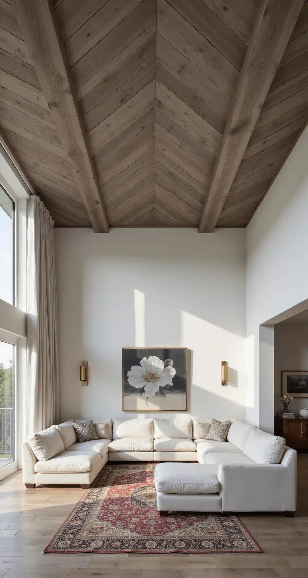 Accent Ceiling Ideas: Transform Your Fifth Wall into a Showstopper A modern living room with a wood-planked herringbone ceiling in weathered gray cypress, featuring cream linen sectional furniture, a vintage Persian rug, and floor-to-ceiling windows casting geometric shadows, illuminated by late afternoon sunlight and brass sconces.