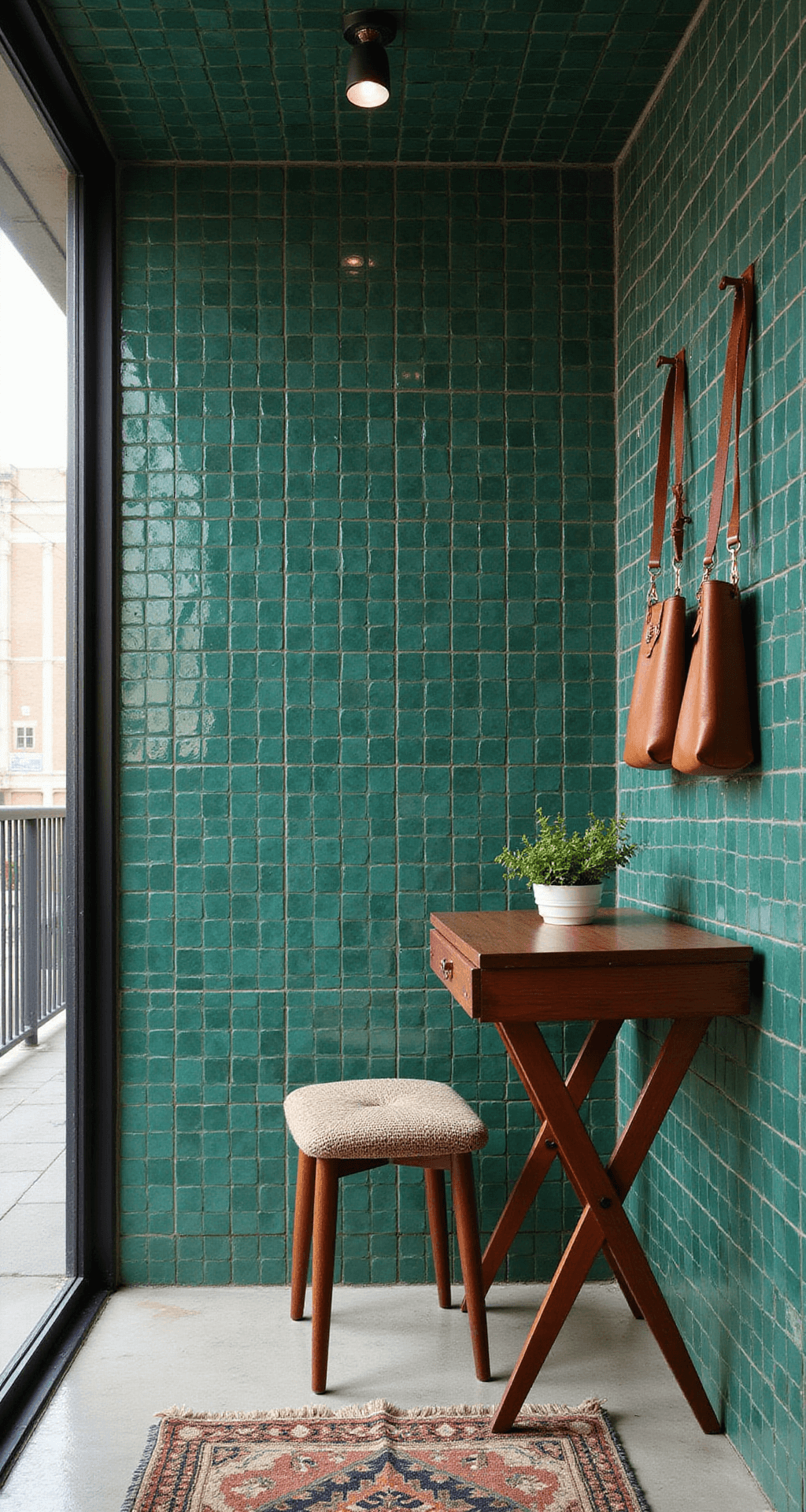 Small Entryway Ideas: Transforming Tiny Spaces into Stunning Welcomes A bright urban entry space featuring a floor-to-ceiling emerald green zellige tile wall, complemented by a wall-mounted teak fold-down desk and leather sling storage pouches, captured from a side angle with natural and track lighting enhancing the tile's texture.