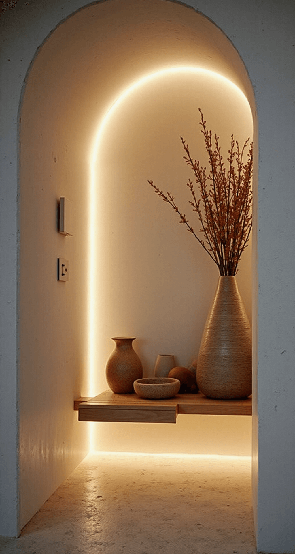 Small Entryway Ideas: Transforming Tiny Spaces into Stunning Welcomes A cozy entryway at dusk showcasing a curved white plaster wall with integrated LED sconces, a floating oak shelf with a hidden drawer, and ceramic vessels in earth tones, all captured from floor level to emphasize organic curves and soft indirect lighting.