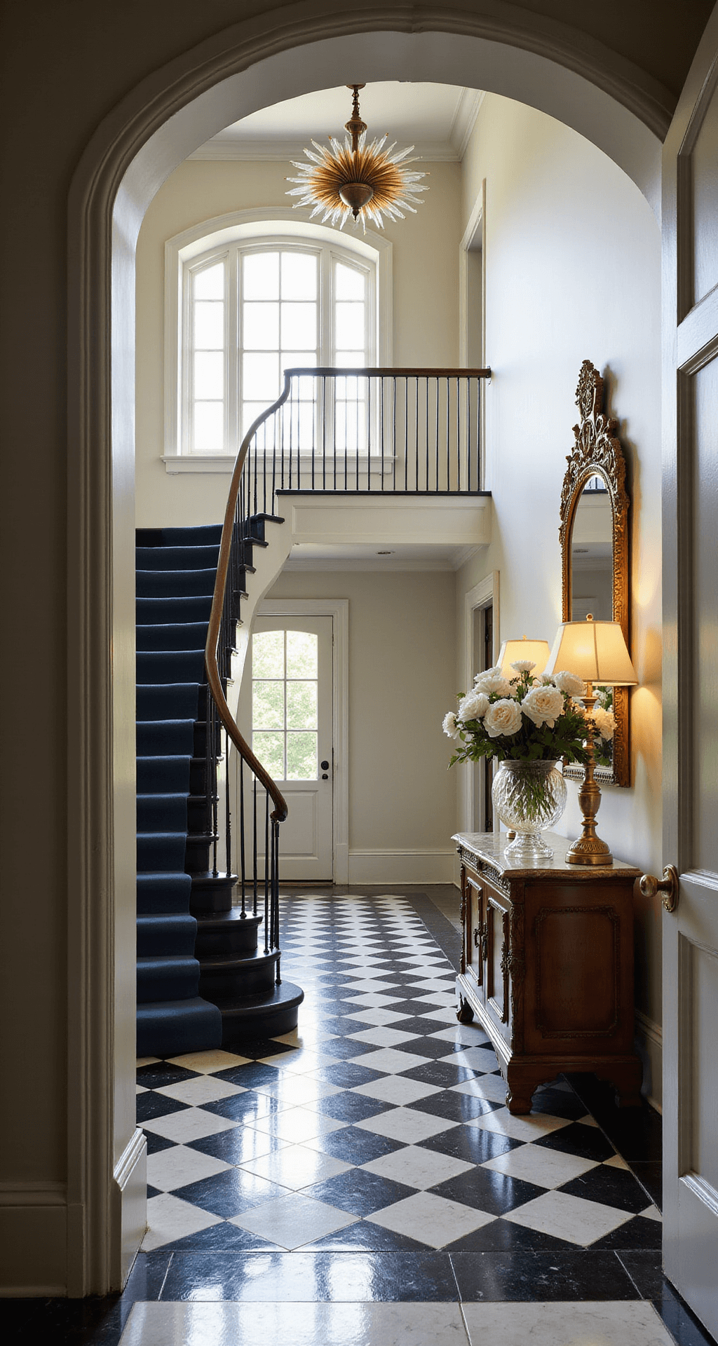 Stunning Foyer Ideas: Creating an Inviting Entryway That Wows A spacious 12-foot-high foyer with black and white marble checkerboard flooring, featuring a curved staircase with a navy velvet runner, illuminated by late afternoon sunlight streaming through a Palladian window. A brass sunburst chandelier and an antique mahogany console table with mercury glass lamps and a gilded mirror complete the elegant scene, accented by fresh white peonies in a crystal vase.