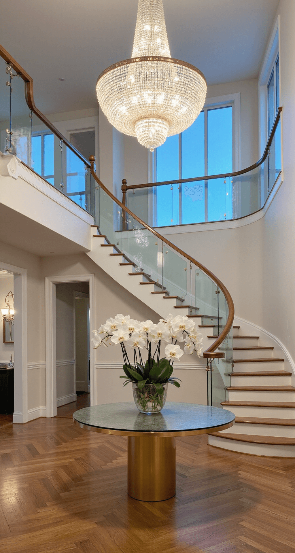 Stunning Foyer Ideas: Creating an Inviting Entryway That Wows A double-height foyer at blue hour featuring a dramatic spiral staircase with a glass balustrade, illuminated by a tiered crystal chandelier casting prismatic effects on pearl-white walls, a polished brass round table with white orchids, and herringbone wood floors, with the camera positioned slightly below eye level to highlight the vertical space.