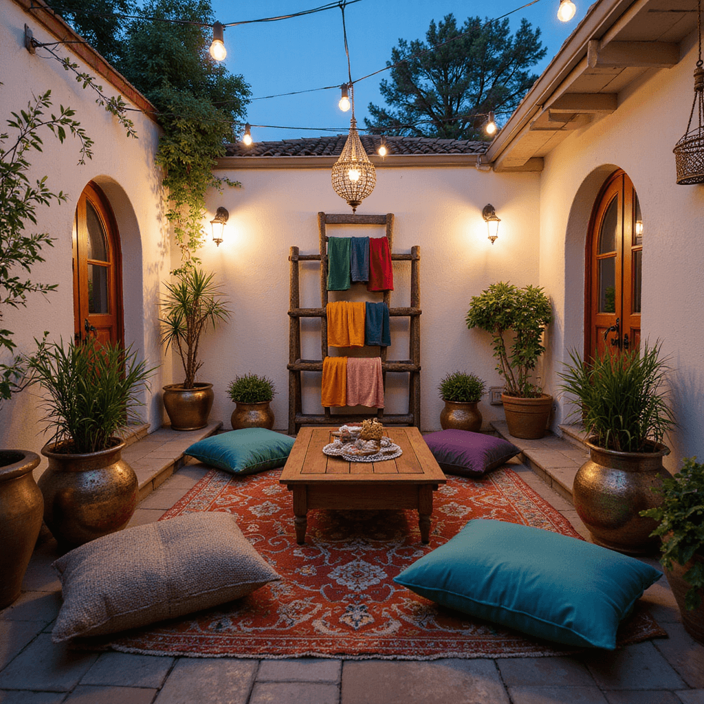 Boho Patio: Your Ultimate Guide to Creating a Dreamy Outdoor Sanctuary Intimate courtyard patio at dusk featuring a low-profile teak coffee table surrounded by jewel-toned floor cushions, vintage brass planters with trailing jasmine, and metal pendant lights casting shadows on whitewashed walls. Handwoven jute poufs and antique ceramic stools add seating, while a weathered wooden ladder displays colorful Turkish towels and air plants.