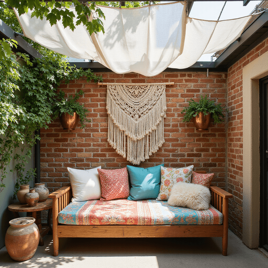 Boho Patio: Your Ultimate Guide to Creating a Dreamy Outdoor Sanctuary A cozy corner patio nook featuring an antique wooden daybed adorned with coral, turquoise, and saffron textiles, against a distressed brick wall with a macramé wall hanging and copper planters of ivy. A reclaimed wood side table displays handmade ceramic vessels, complemented by sheepskin throws and embroidered pillows, with a pergola overhead casting dappled morning light.