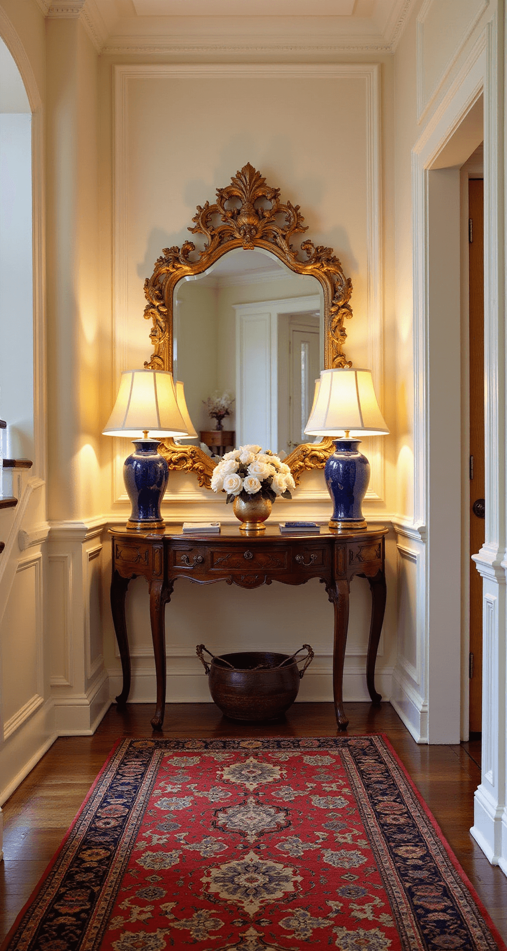 Stunning Foyer Ideas: Creating an Inviting Entryway That Wows A warm-lit traditional foyer at dusk featuring cream panel molding, a curved staircase, a jewel-toned Persian runner, cobalt blue ginger jar lamps, a gilded Chippendale mirror, a mahogany demilune table, and fresh roses, all captured with a shallow depth of field.