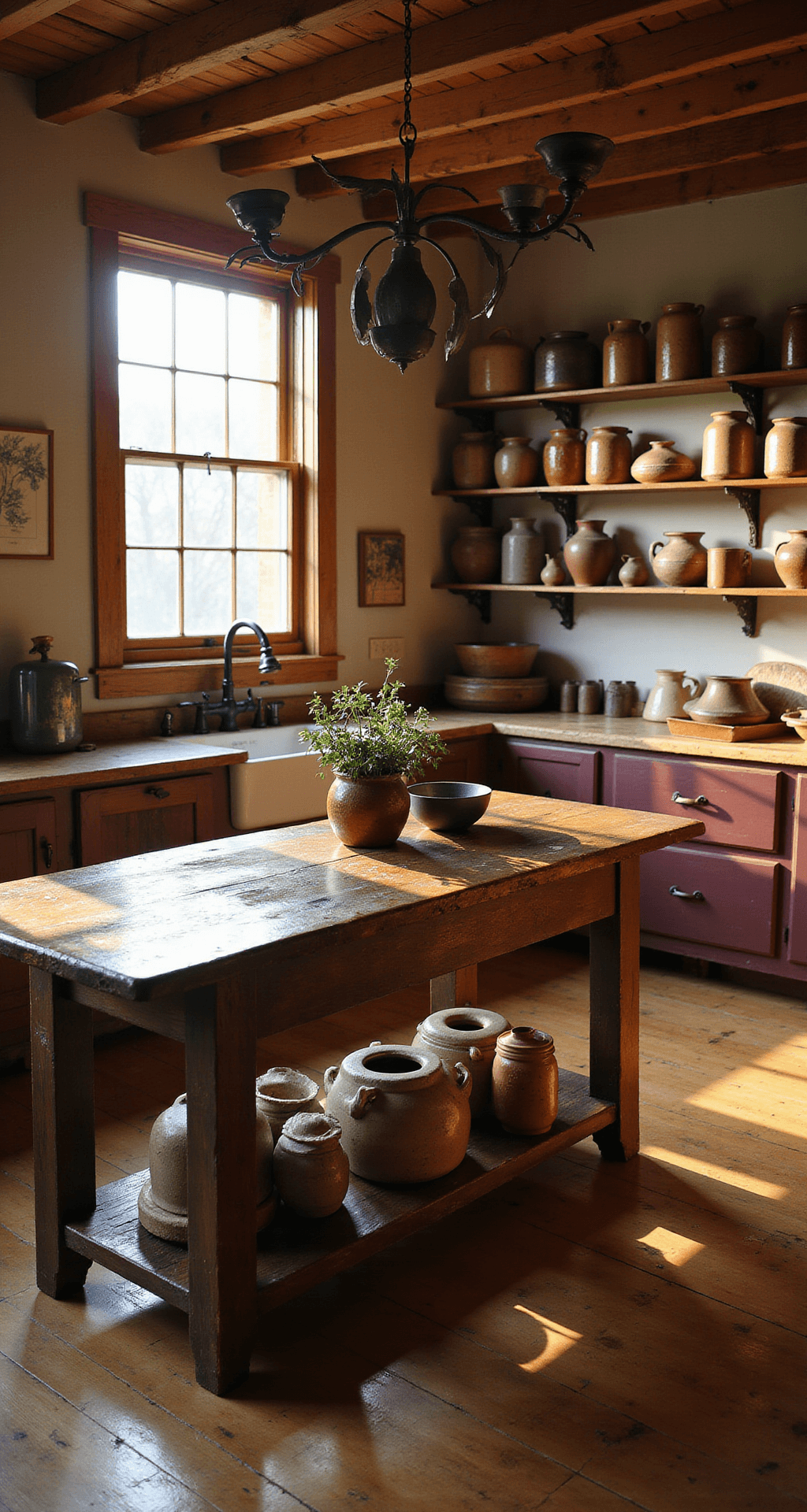 Creating the Perfect Primitive Kitchen: A Comprehensive Style Guide Interior of a warm, rustic farmhouse kitchen with sunlight streaming through a window above a farmhouse sink, casting shadows on wide-plank pine floors. A distressed dark walnut harvest table is centered, decorated with hand-thrown pottery and vintage mason jars. Open shelves display weathered crocks, featuring a color palette of chestnut browns, deep burgundy, and mustard yellow. Copper cookware hangs from a ceiling rack, with a camera angle emphasizing the room's depth in golden hour light.