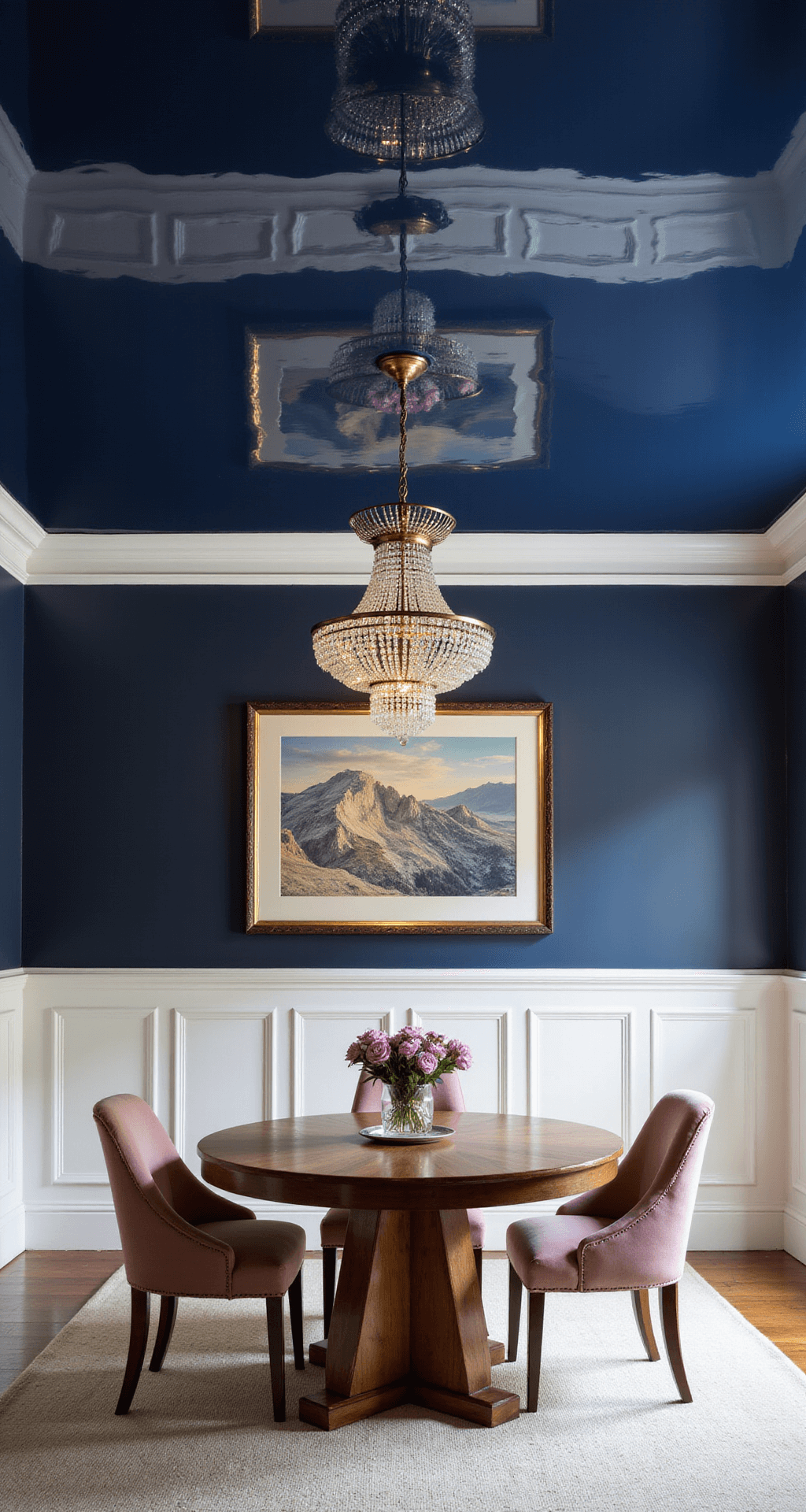 Accent Ceiling Ideas: Transform Your Fifth Wall into a Showstopper An intimate dining room featuring a high-gloss navy blue ceiling reflecting a crystal chandelier, surrounded by white wainscoting, a round walnut table, and dusty rose velvet chairs, captured during golden hour.
