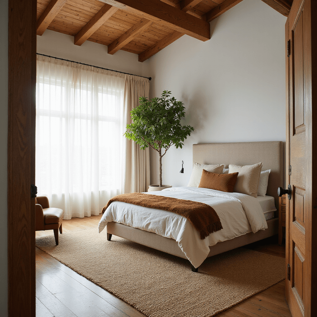 Warm Bedroom Ideas: Crafting Your Ultimate Cozy Retreat Spacious primary bedroom featuring wood beam ceiling, cream drapes, cognac leather reading chair, jute area rug, California king bed with ivory linen bedding, caramel mohair throw, textured earth-tone pillows, potted fiddle leaf fig, and soft diffused lighting, captured from a low angle at the doorway.