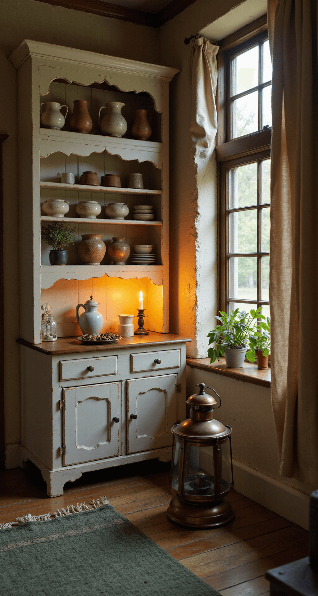 Creating the Perfect Primitive Kitchen: A Comprehensive Style Guide Intimate kitchen corner at dusk featuring an antique hutch with ironstone pitchers and wooden butter molds, candlelight illuminating textured cream plaster walls, a handwoven forest green runner, and a copper lantern, all captured in a low-angle shot highlighting the warmth of layered textures.