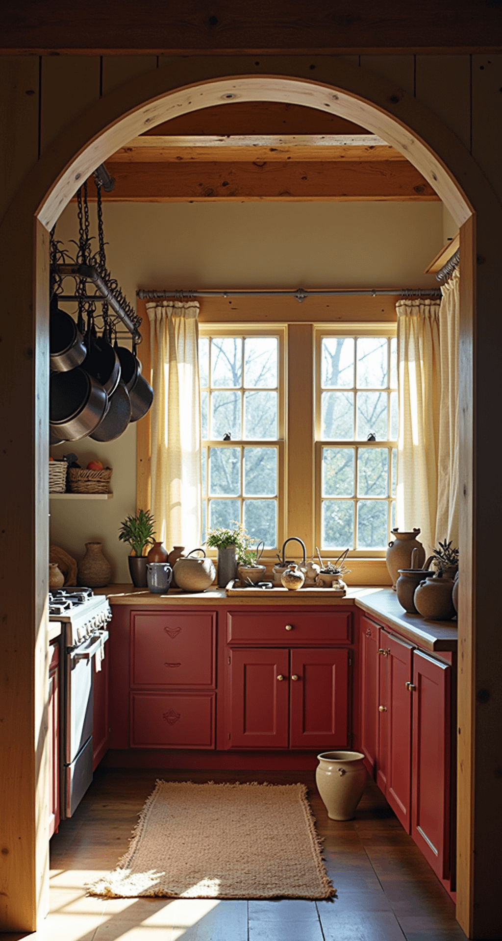 Creating the Perfect Primitive Kitchen: A Comprehensive Style Guide A sunlit primitive kitchen prep area featuring exposed wooden ceiling beams, a vintage pot rack with cast iron cookware, a butcher block island with dried herbs and mortar and pestles, rustic red cabinets, and soft linen curtains, all captured in a wide-angle shot from the entrance.