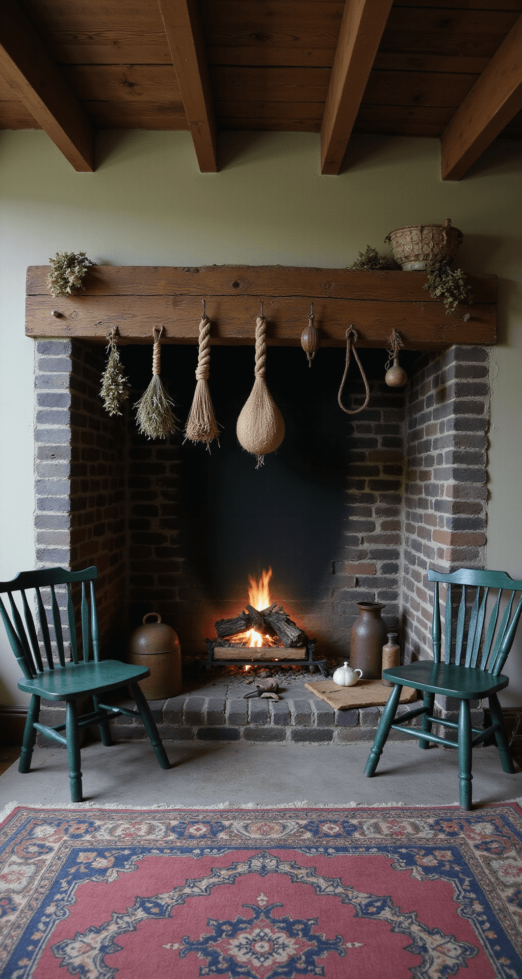 Creating the Perfect Primitive Kitchen: A Comprehensive Style Guide Cozy primitive kitchen hearth area at twilight featuring a massive cooking fireplace with blackened brick, vintage cooking tools, and cast iron pieces, alongside drying herbs and garlic braids on a rough-hewn mantel. Flanking Windsor chairs painted in deep forest green, the color palette includes charcoal grays, deep browns, and touches of sage, captured from a low angle to emphasize the height and warmth of the space.