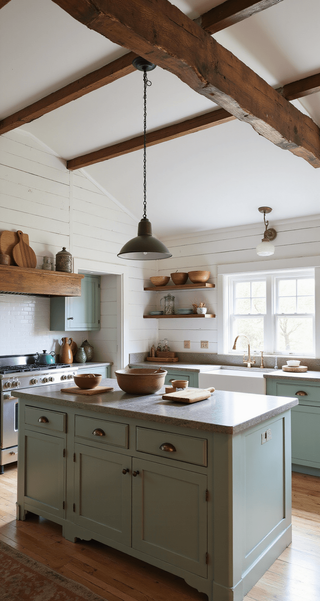 Creating the Perfect Primitive Kitchen: A Comprehensive Style Guide Bright morning light fills an open-concept primitive kitchen featuring whitewashed shiplap walls and exposed chestnut beams, with sage green lower cabinets and soapstone counters, a central island adorned with earthenware bowls and vintage tools, all captured from an elevated view.