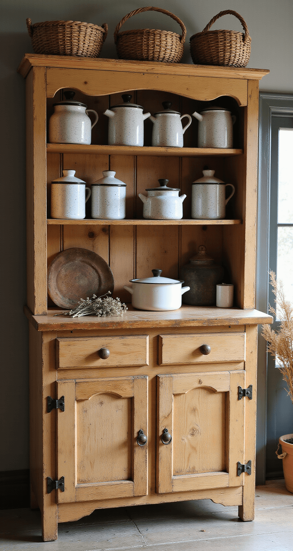 Creating the Perfect Primitive Kitchen: A Comprehensive Style Guide Detail shot of a weathered pine kitchen work station featuring speckled enamelware, tin canisters, and handmade baskets, with vintage tools and dried flowers on a honey-colored wooden surface, illuminated by side lighting that enhances textures in a warm color palette of aged whites, rusty reds, and natural woods.