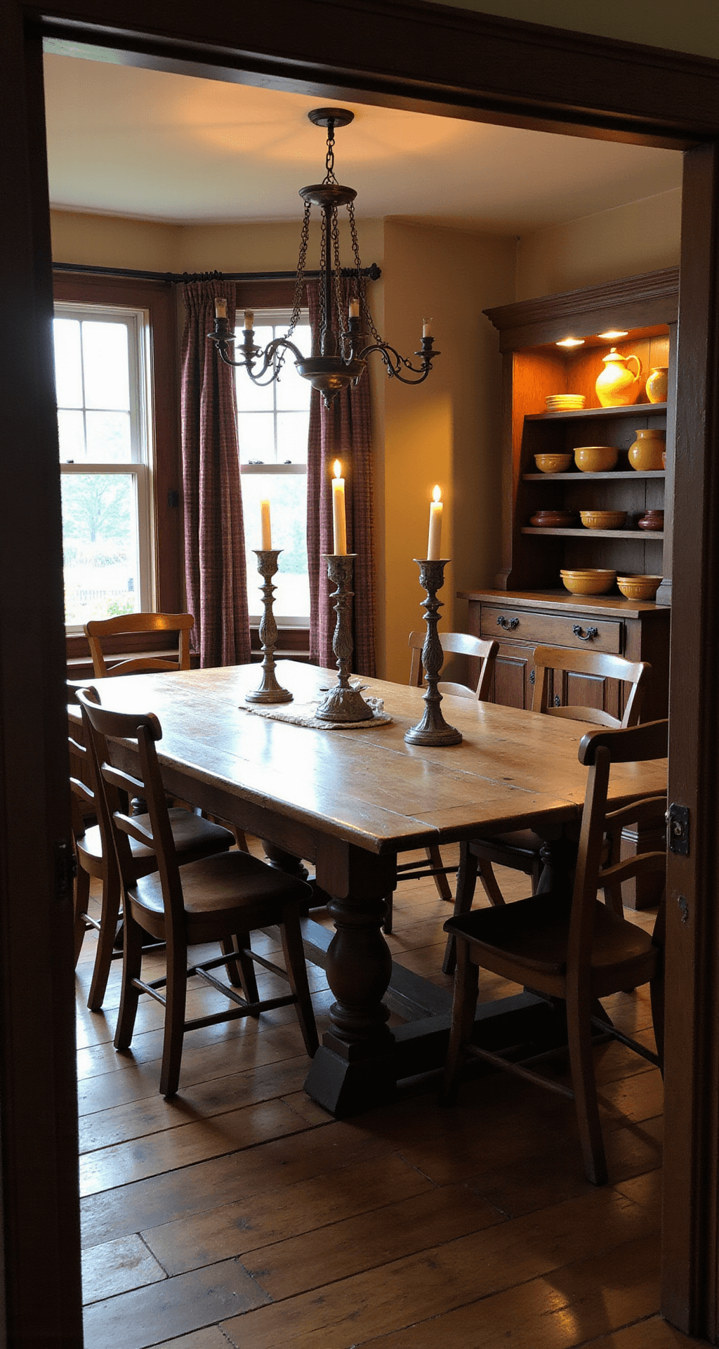 Creating the Perfect Primitive Kitchen: A Comprehensive Style Guide Evening view of a primitive kitchen gathering space featuring a large oak trestle table at the center, surrounded by ladder-back chairs. Buffalo check curtains adorn windows, and pewter candlesticks provide warm, intimate lighting alongside fading daylight. An antique pie safe displays yellowware bowls and redware pottery, with the perspective shot from the doorway capturing the room's depth.