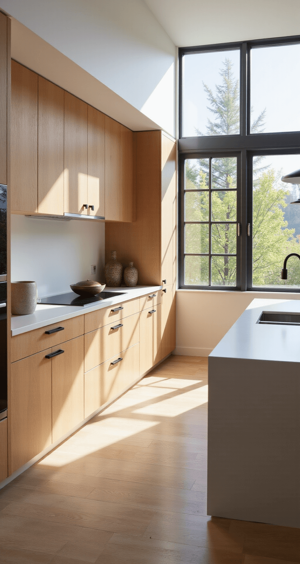 Alder Kitchen Cabinets: The Ultimate Guide to Warm, Versatile Cabinetry A sunlit modern kitchen featuring floor-to-ceiling clear alder cabinets with a honey-blonde finish, a white quartz waterfall island, and minimal decor. The space is illuminated by morning light through steel-framed windows, complemented by soft fill lighting, creating a clean and serene atmosphere.