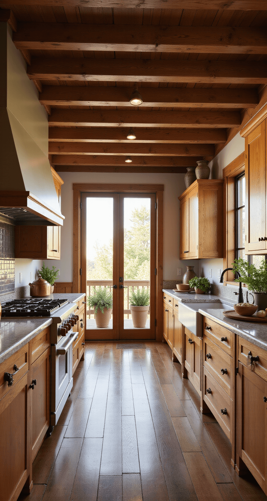 Alder Kitchen Cabinets: The Ultimate Guide to Warm, Versatile Cabinetry A spacious open-concept kitchen with knotty alder cabinets in warm chestnut finish, vintage brass hardware, and a farmhouse sink, illuminated by late afternoon golden hour light. The design features exposed wooden beams, French doors, and is styled with copper cookware and fresh herbs, creating a cozy, lived-in atmosphere.