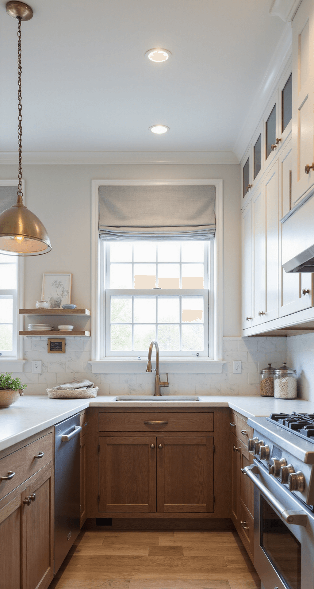 Alder Kitchen Cabinets: The Ultimate Guide to Warm, Versatile Cabinetry L-shaped kitchen featuring a tray ceiling, with knotty alder lower cabinets in coffee bean stain and crisp white upper cabinets, accented by brushed nickel and aged brass fixtures, a marble backsplash, and styled with white ceramics, illuminated by diffused midday light through roman shades.