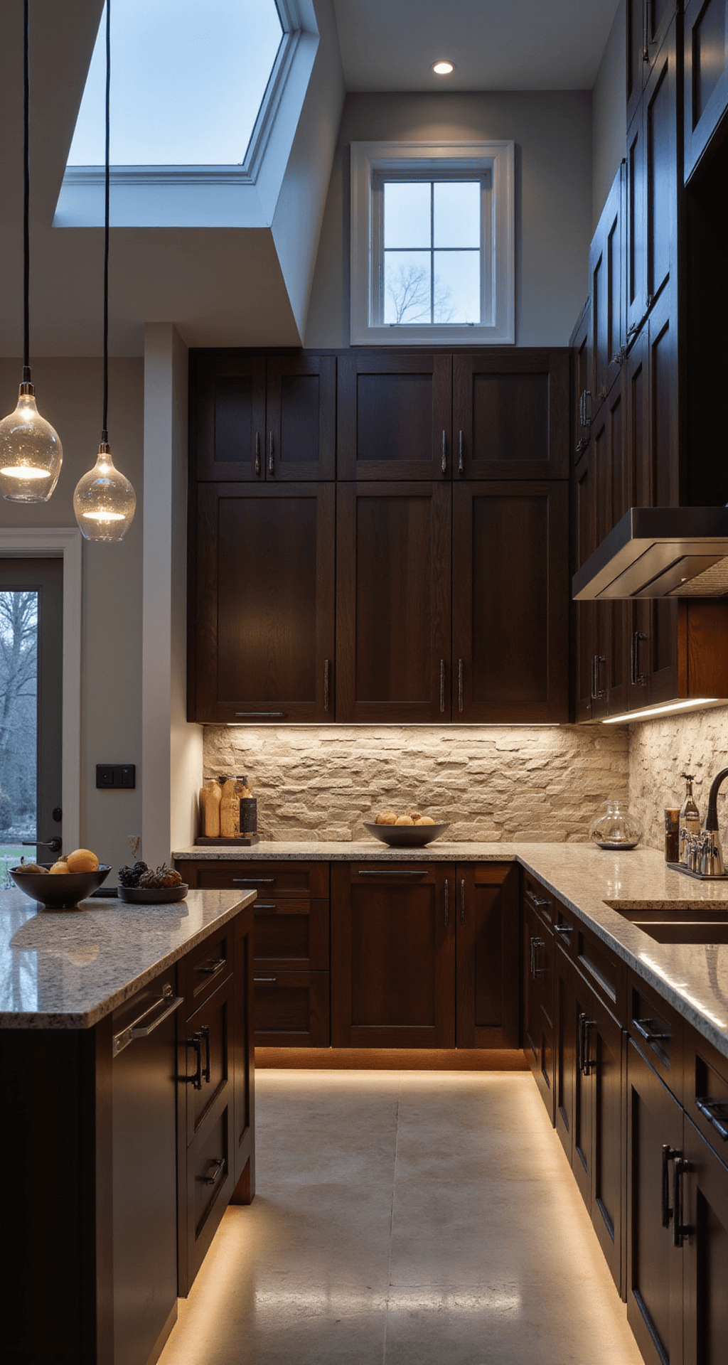 Alder Kitchen Cabinets: The Ultimate Guide to Warm, Versatile Cabinetry Modern kitchen featuring clear alder cabinets in rich espresso finish, dramatic stone backsplash, and minimal decor, captured in a low-angle shot with moody dusk lighting and clerestory windows.