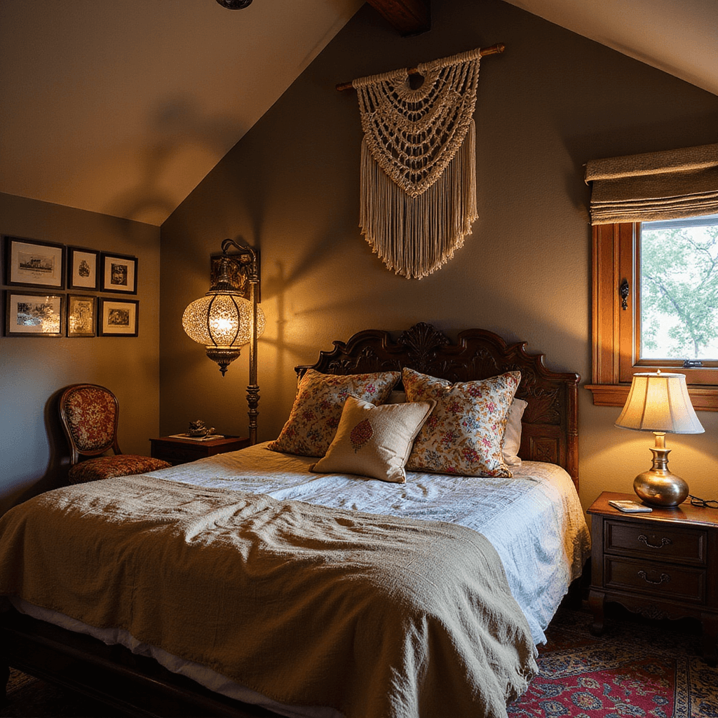 Warm Bedroom Ideas: Crafting Your Ultimate Cozy Retreat A cozy corner bedroom at blue hour, featuring warm mushroom-toned walls adorned with a gallery wall of vintage prints. A queen bed with rumpled wheat-toned linen bedding is layered with Indian block print quilts and embroidered pillows, while a macramé wall hanging hangs above a carved wooden headboard. A Moroccan brass floor lamp casts intricate light patterns, all captured from an elevated angle to emphasize the artistic and eclectic styling of the space.