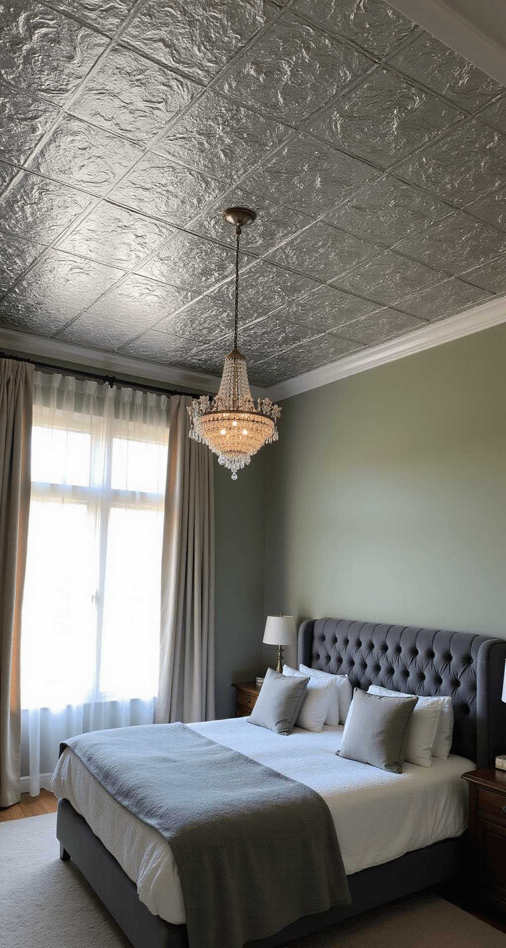 Accent Ceiling Ideas: Transform Your Fifth Wall into a Showstopper A spacious primary bedroom with an antiqued silver tin tile ceiling and an ornate crystal chandelier, bathed in soft morning light filtering through sheer linen drapes. The room features a tufted slate velvet headboard against a sage green wall, captured in a wide-angle view from a corner to highlight the ceiling's geometric patterns.