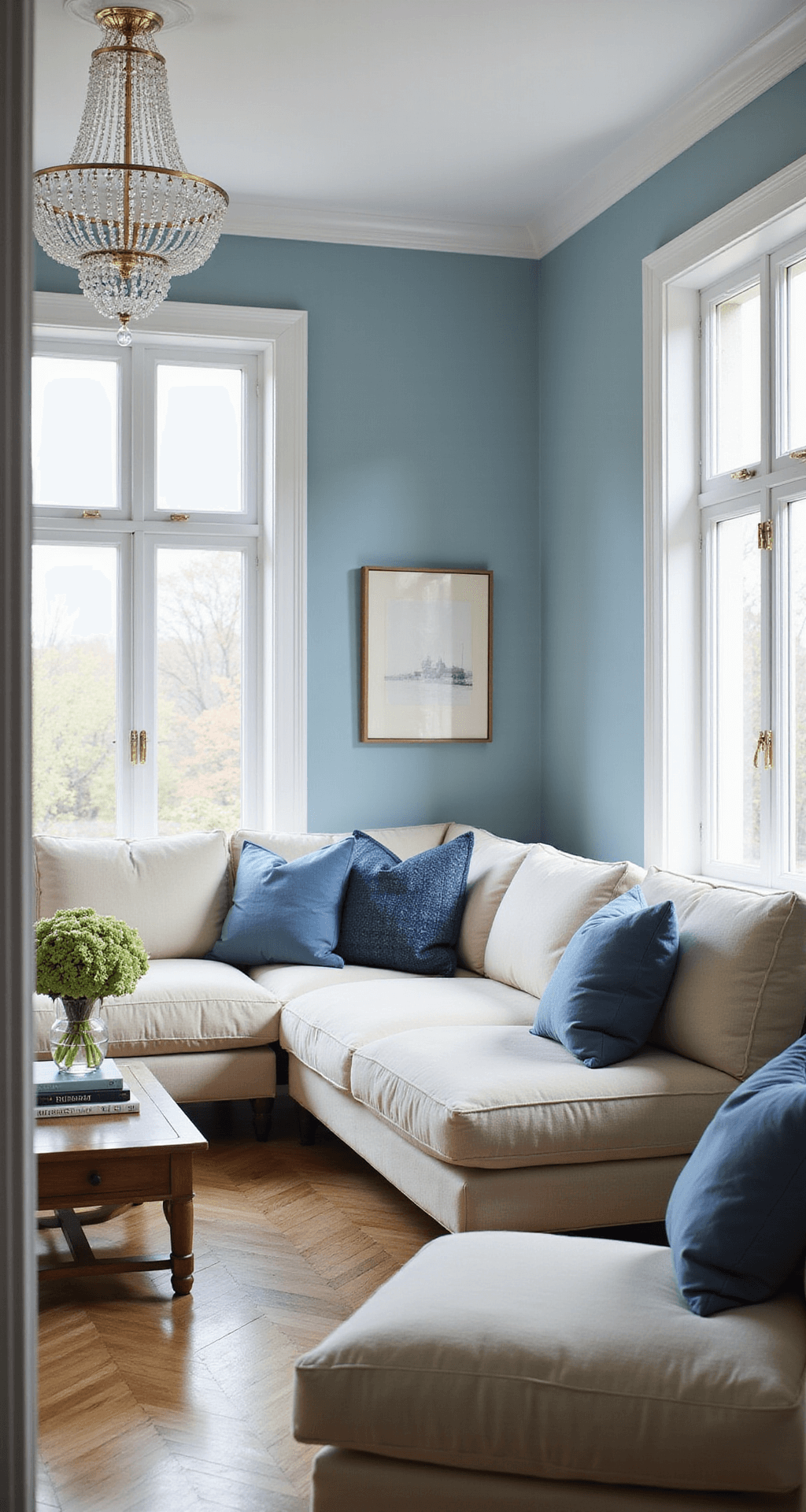 Light Blue Living Rooms: A Comprehensive Design Guide A spacious 20x24ft living room with floor-to-ceiling windows, featuring powder blue walls, a cream L-shaped sofa with blue pillows, and natural oak herringbone flooring. A crystal chandelier and white crown molding enhance the elegant decor, complemented by stacked coffee table books, fresh hydrangeas, and brass accents, all illuminated by morning light.