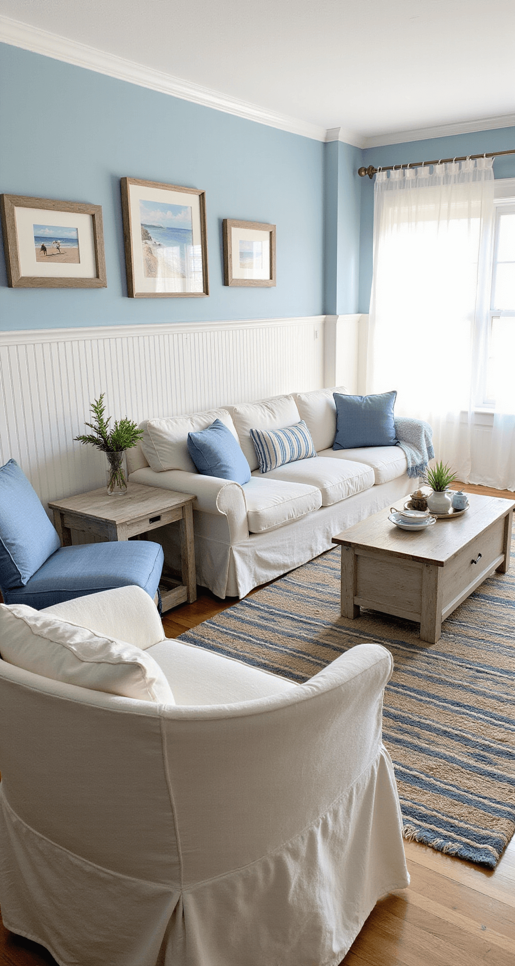 Light Blue Living Rooms: A Comprehensive Design Guide A bright coastal-inspired living area featuring pale blue walls and white beadboard wainscoting, with a natural white slipcovered sofa and denim blue accent chairs. A jute rug overlays a striped blue cotton rug, and a beach-themed gallery wall, rope details, and a weathered wood coffee table complete the space, all illuminated by natural light through sheer white curtains.