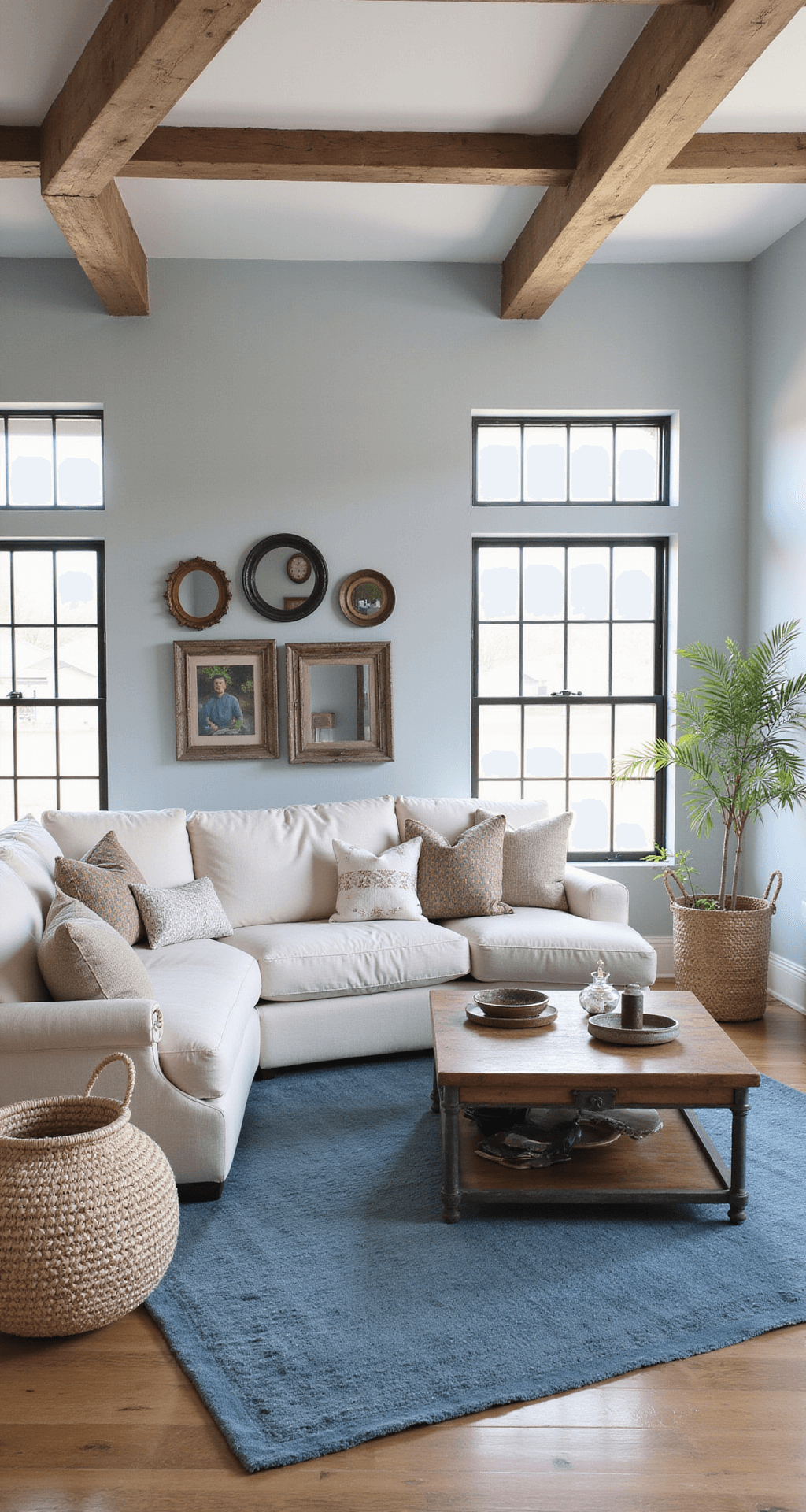 Light Blue Living Rooms: A Comprehensive Design Guide A spacious modern farmhouse great room featuring matte light blue walls and rustic wooden beams, with an oversized linen sectional, a vintage blue rug, and industrial metal accents, all illuminated by morning light. Black-framed windows highlight the ceiling height, complemented by woven baskets, antiqued mirrors, and mixed metal finishes.