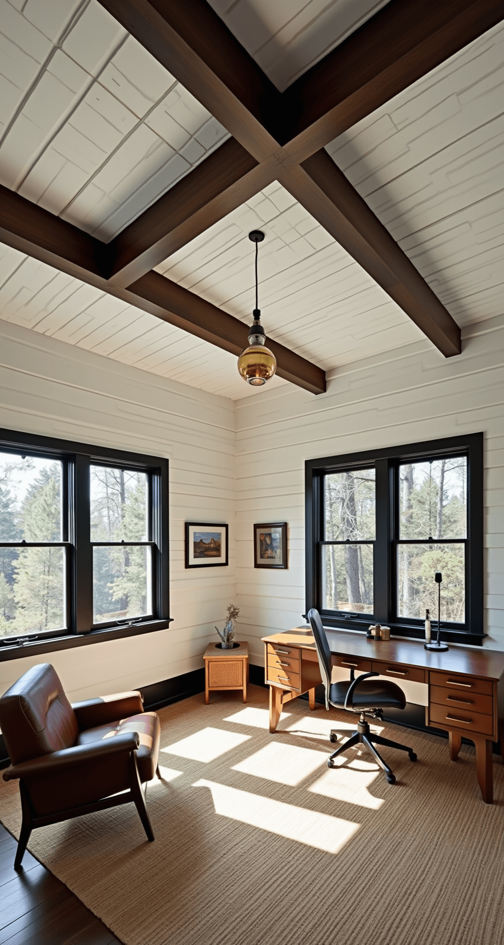 Accent Ceiling Ideas: Transform Your Fifth Wall into a Showstopper Cozy home office featuring exposed dark walnut beams and a white planked ceiling, with afternoon light casting strong shadows through black-framed windows, accented by mid-century modern leather and brass furniture, shot from desk height.