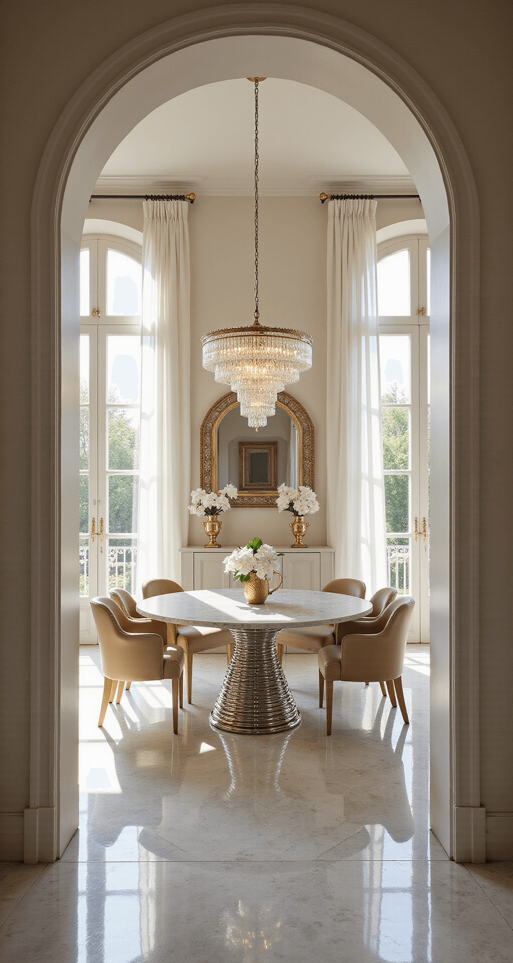 Designing Your Dream Italian Dining Room: A Guide to Timeless Elegance A sunlit contemporary Italian dining room featuring a round marble table with a chrome base, surrounded by cream leather chairs, Calacatta marble flooring, a brass-framed mirror, and a Murano glass chandelier, all styled with white orchids and geometric brass candleholders.