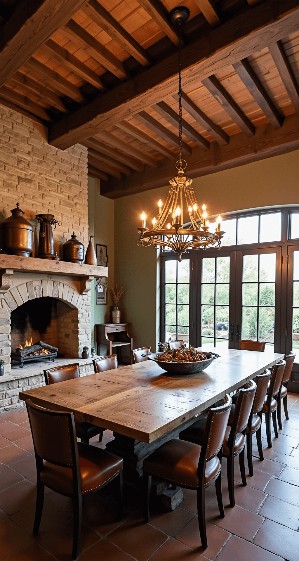 Designing Your Dream Italian Dining Room: A Guide to Timeless Elegance A spacious rustic dining room featuring exposed wooden beams, terracotta floors, and a large oak harvest table seating 14, illuminated by warm evening light and an antique brass chandelier, with a stone fireplace and vintage decor.