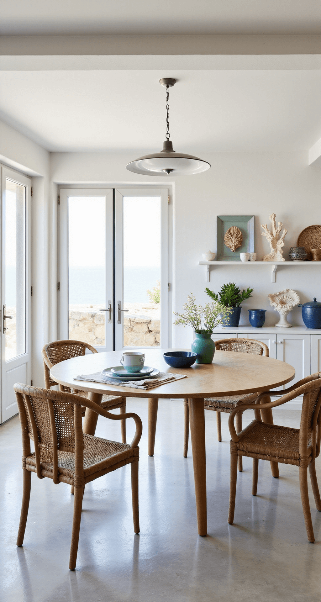 Designing Your Dream Italian Dining Room: A Guide to Timeless Elegance A bright, airy dining space in a coastal Italian villa, featuring whitewashed walls and pale limestone floors, with a round bleached oak Spyder wood table surrounded by woven rattan chairs, illuminated by mid-morning Mediterranean light streaming through French doors. The decor includes a blue and white palette with touches of sea glass green, ceramic collections, coral specimens, and maritime art, captured from a low camera angle to emphasize the height and freshness of the room.