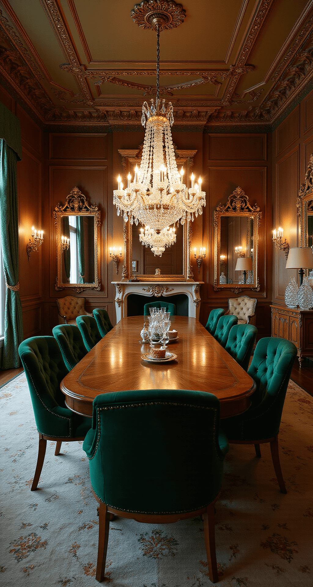 Designing Your Dream Italian Dining Room: A Guide to Timeless Elegance A luxurious formal dining room featuring an ornate coffered ceiling and crystal chandeliers, illuminated by evening lighting. An extended high-gloss walnut dining table with gold inlay is surrounded by deep emerald velvet chairs. Antique mirrors and a collection of Venetian glass accentuate the jewel tone palette. The high-angle shot highlights the intricate ceiling details and the table's reflection, enhancing the room's opulent atmosphere.