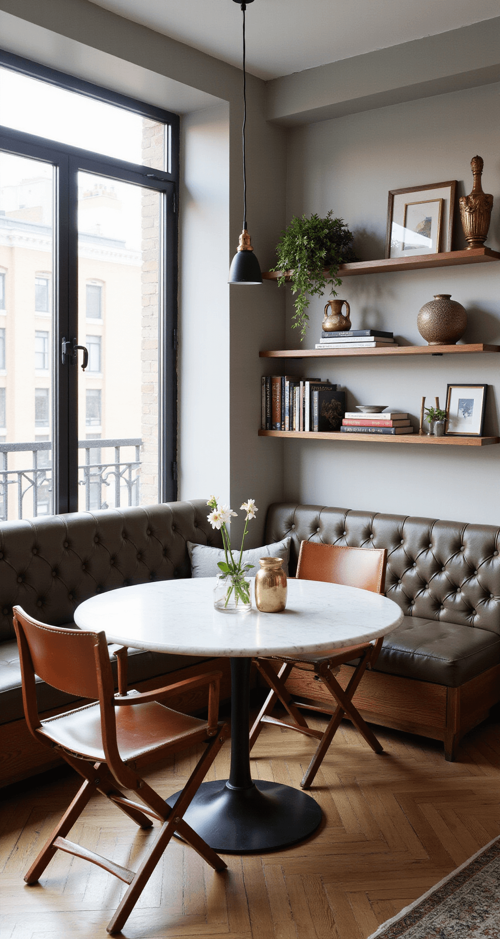 Designing Your Dream Italian Dining Room: A Guide to Timeless Elegance A compact Milan apartment dining space featuring a round marble pedestal table surrounded by leather director's chairs, built-in banquette seating, and industrial windows allowing morning light. The area showcases hidden storage, floating shelves with curated objects, brass accents, and modern art with geometric patterns, all under pendant lighting for a clever and sophisticated atmosphere.