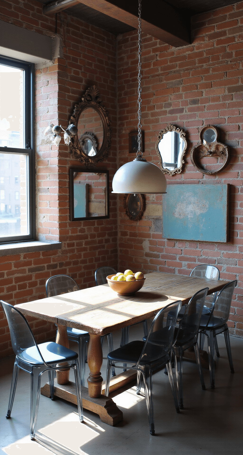 Designing Your Dream Italian Dining Room: A Guide to Timeless Elegance An eclectic Italian fusion loft featuring exposed brick walls, industrial windows, and a vintage farm table with modern acrylic chairs. The space is adorned with contemporary art, antique mirrors, and modernist chandeliers, illuminated by late morning light casting dramatic shadows. The color palette includes blues, grays, warm woods, and copper accents, creating an artistic and unexpected atmosphere.