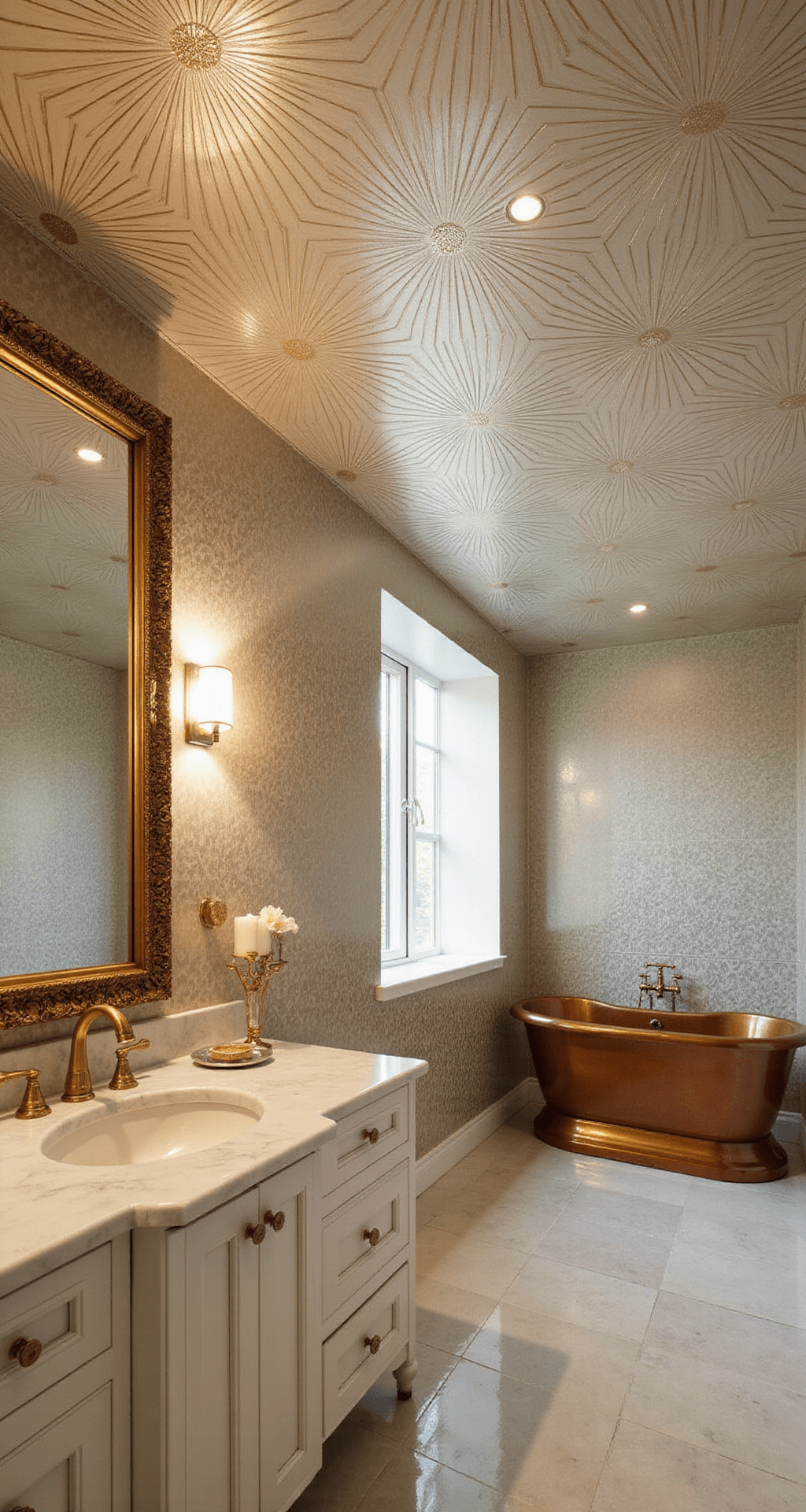 Accent Ceiling Ideas: Transform Your Fifth Wall into a Showstopper A luxurious 15x15ft bathroom with a metallic wallpapered ceiling in Art Deco fan pattern, featuring recessed lighting, a marble vanity, a freestanding copper tub, and an oversized gilt mirror, all captured at a 45-degree angle.