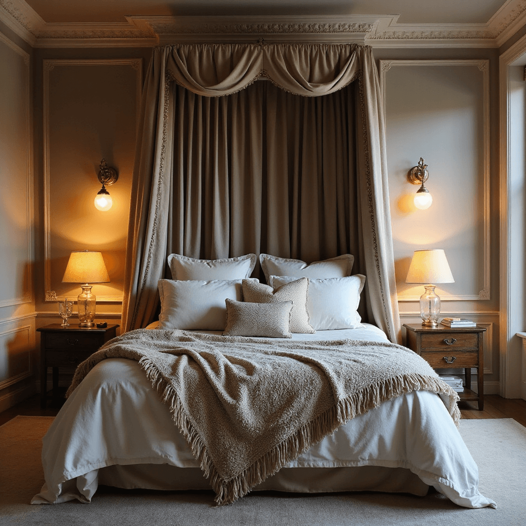 Warm Bedroom Ideas: Crafting Your Ultimate Cozy Retreat A luxurious 13x15ft bedroom at dusk featuring a canopy bed draped in linen against warm greige walls, adorned with faux fur throws and cable knit pillows. Vintage brass sconces and mercury glass lamps cast a warm glow, creating a romantic and cocooning ambiance.