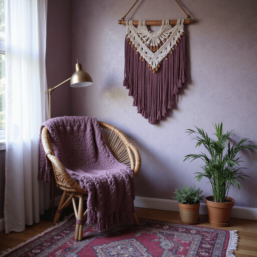 Purple Bedroom Refresh: Your Ultimate Style Guide Intimate boho bedroom corner featuring a vintage rattan chair draped in a chunky knit throw, set against textured lilac damask wallpaper. Macramé wall hanging with copper and purple threads catches morning light, while layered vintage rugs and a brass floor lamp add warmth. A potted monstera enhances the organic feel. Shot from a low angle at dawn with a dreamy bokeh effect.
