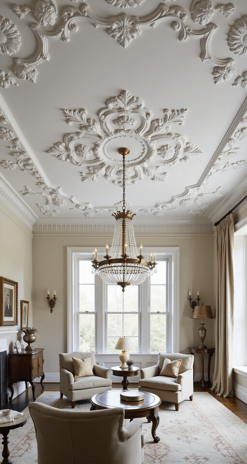 Accent Ceiling Ideas: Transform Your Fifth Wall into a Showstopper An elegant formal living room with a bone white ceiling adorned with applied architectural medallions and delicate plasterwork, featuring a central crystal chandelier, traditional furniture in muted silk upholstery, and antique gilt accents, captured from a 28mm angle to highlight the ceiling details and room context.