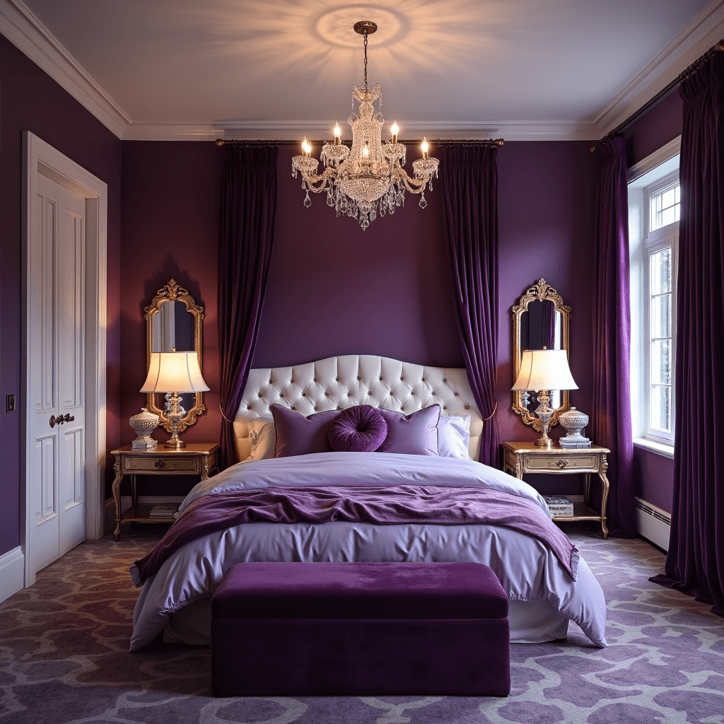 Purple Bedroom Refresh: Your Ultimate Style Guide Romantic master bedroom featuring a royal purple accent wall behind a tufted cream headboard, with a crystal chandelier and mercury glass lamps providing soft lighting. Floor-length aubergine velvet drapes frame the French doors, while luxurious bedding in various shades of purple is layered on the bed. Antique gold mirrors flank the headboard, all captured in a wide-angle shot for a grand ambiance.