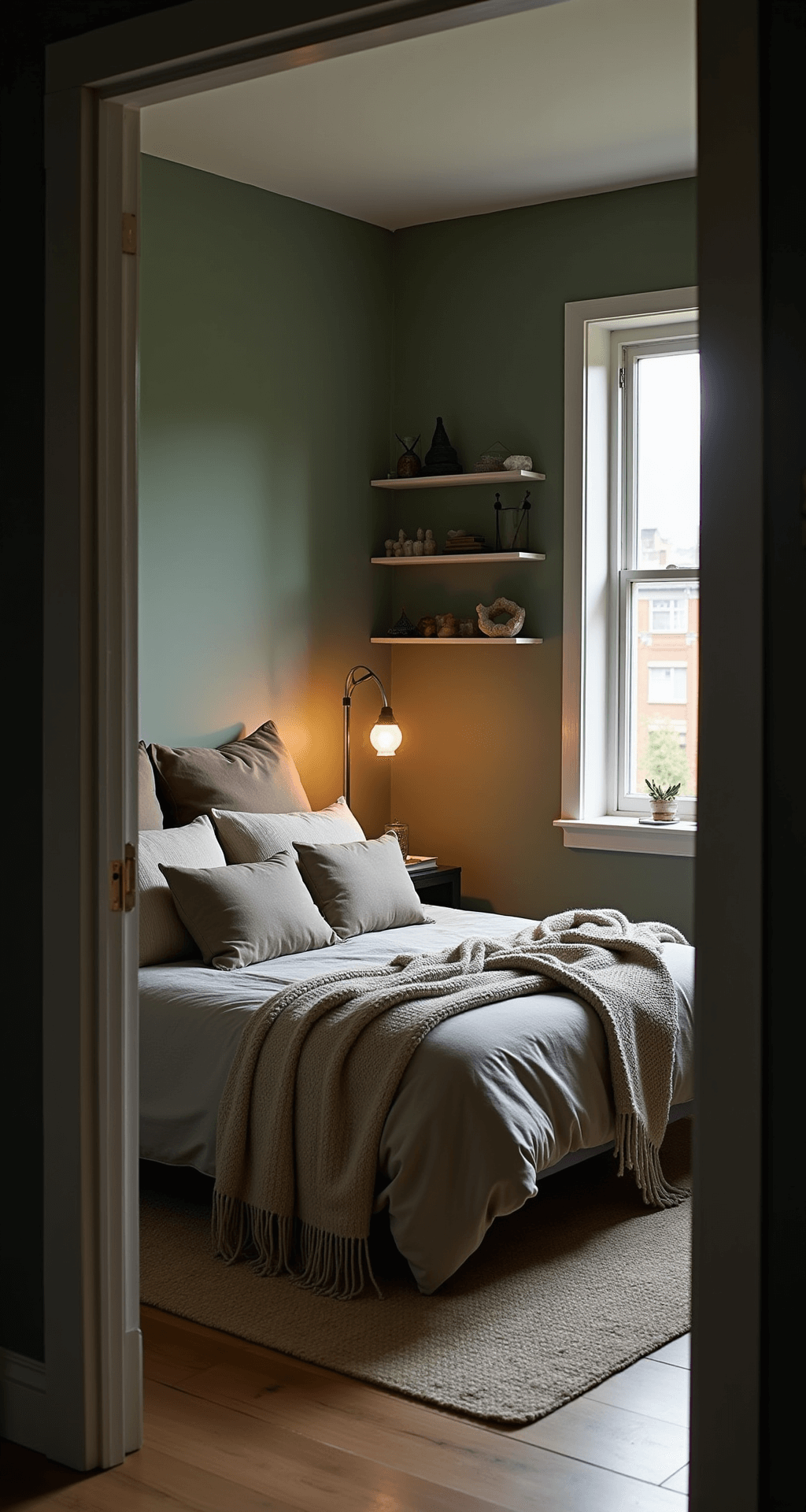 Creating Your Perfect Sanctuary Bedroom: A Comprehensive Guide to Restful Retreat Design An intimate bedroom at dusk with sage green and warm gray decor, featuring a queen bed with earthen-toned linen bedding and textured pillows, illuminated by a vintage brass floor lamp. Floating shelves hold crystals and air plants.