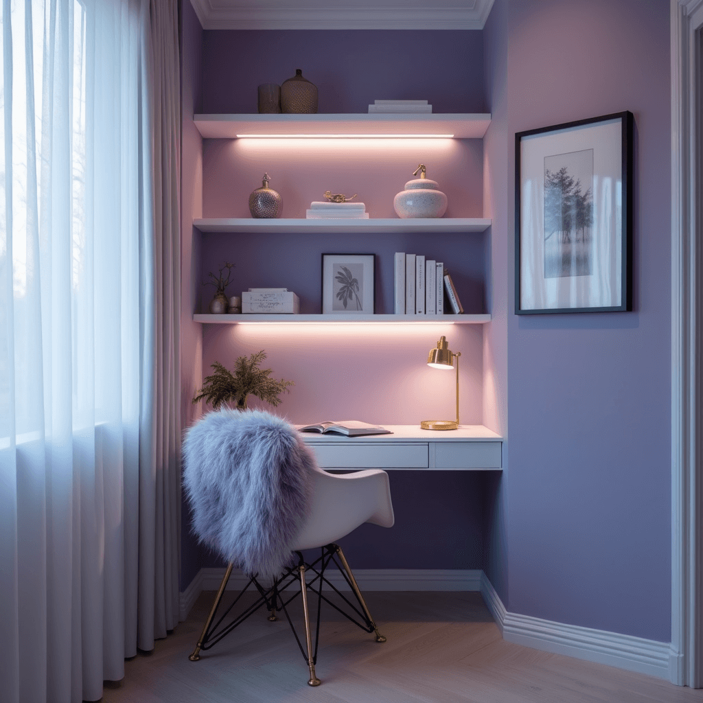 Purple Bedroom Refresh: Your Ultimate Style Guide Contemporary purple bedroom workspace at blue hour with a white lacquered desk, ghost chair with faux fur throw, floating shelves of brass and ceramics, and cool ambient LED lighting, all framed by sheer white curtains.